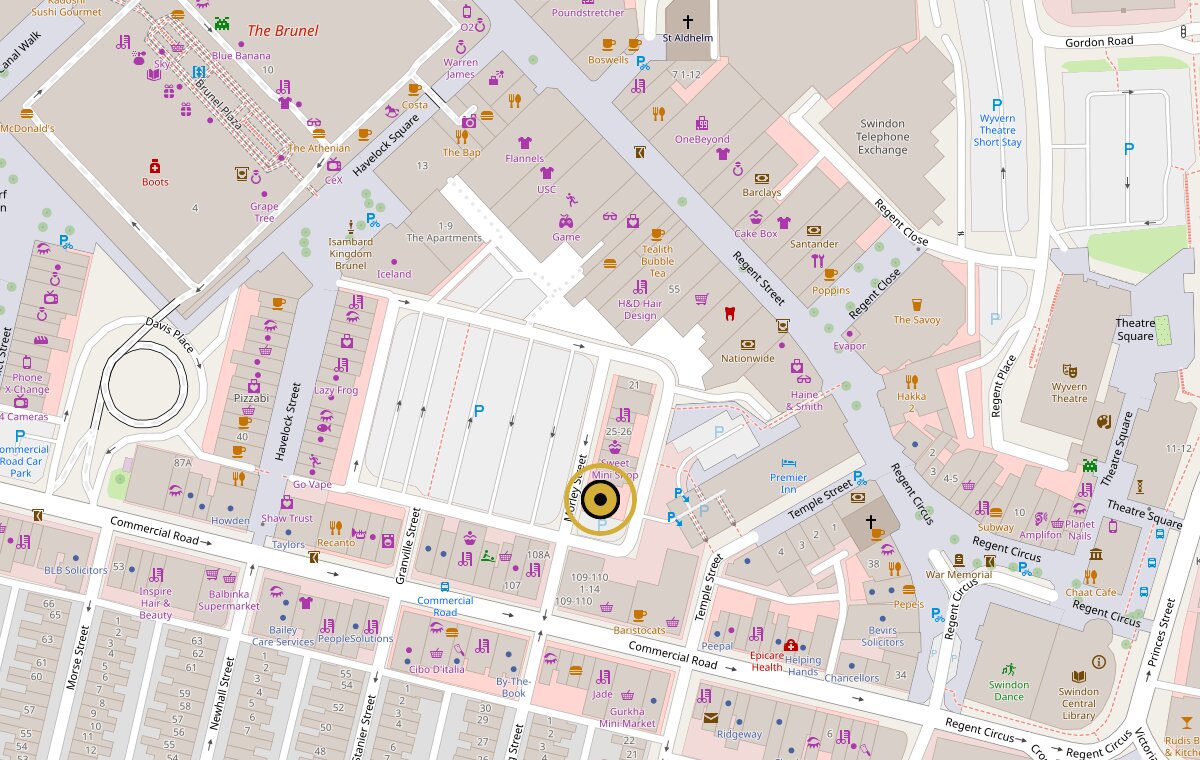 Map: Avlon's Hair Studio on Morley Street, opposite the Granville Street car park, between Commercial Road and Regent Street